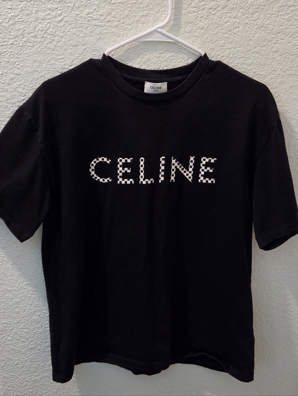 Celine Black Short-Sleeve Tee with White Checker Logo